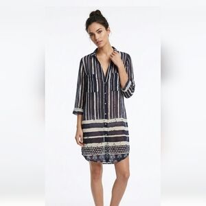 David Dress Blue Striped Seashell Tunic Mini Sheer Beach Nautical Gauzy M